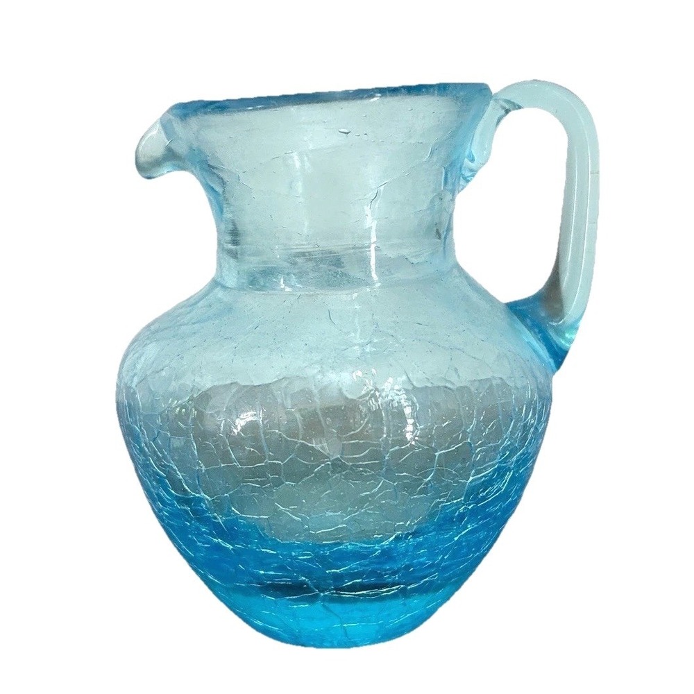 Vintage Blue Crackle‎ Glass Pitcher Creamer Mini Jug Textured Art